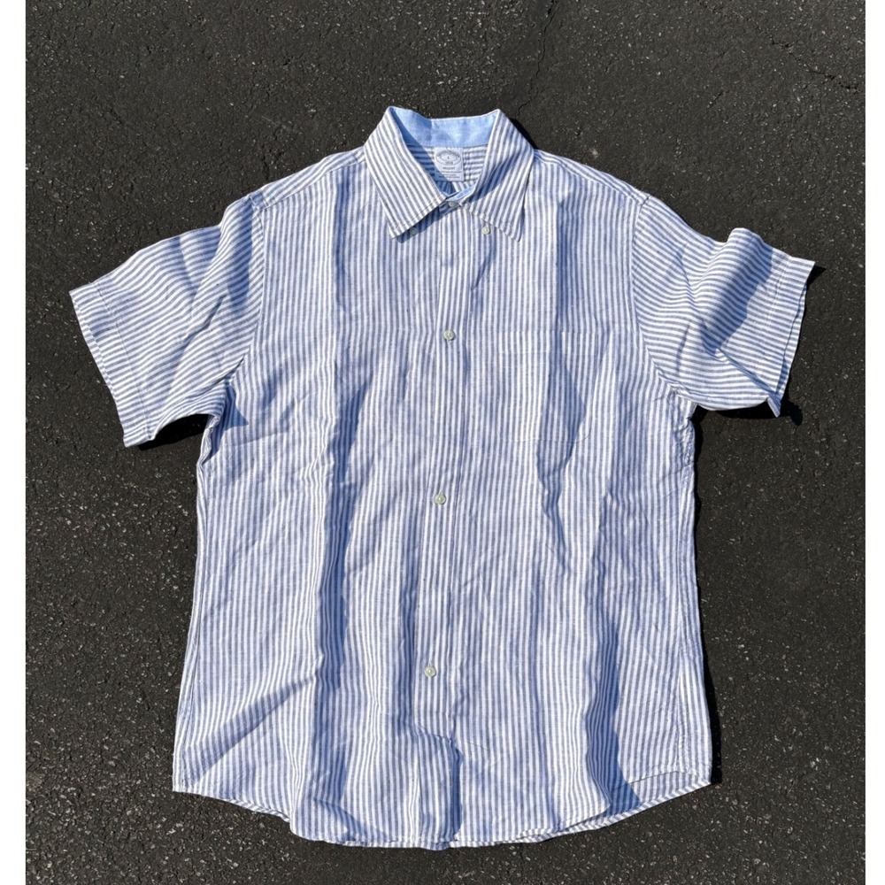 Brooks Brothers Regent Fit Linen Striped Short Sleeve Button Down‎ Shirt Men's L